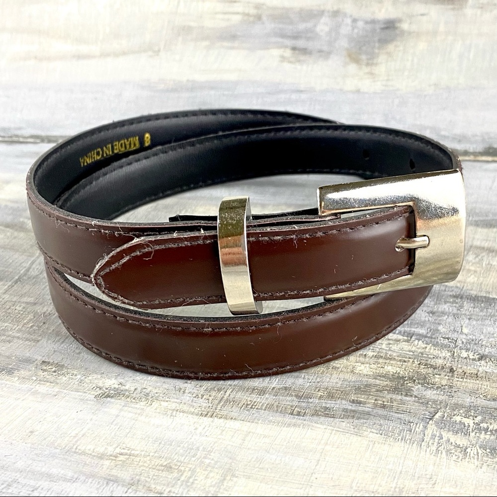 Brown Leather Skinny Belt Silver Rectangular Buckle S 28-32”